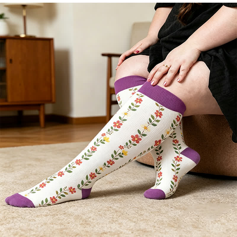 Chaussettes de compression côtelées à motif floral grandes tailles - Violet (1 paire) - 4XL - image 1