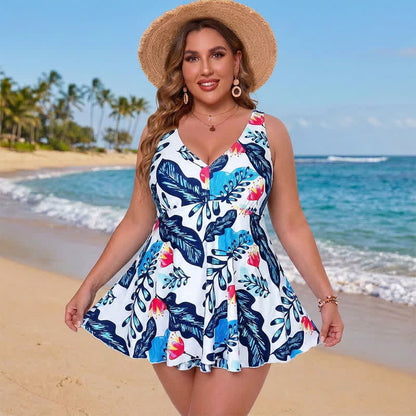 Robe de bain à jupe fleurie - Bleu - 5XL - image 0