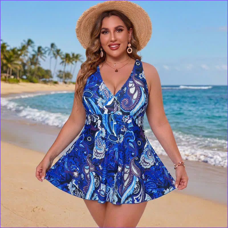 Robe de bain imprimée grande taille à bretelles anneaux - Bleu - 5XL - image 1