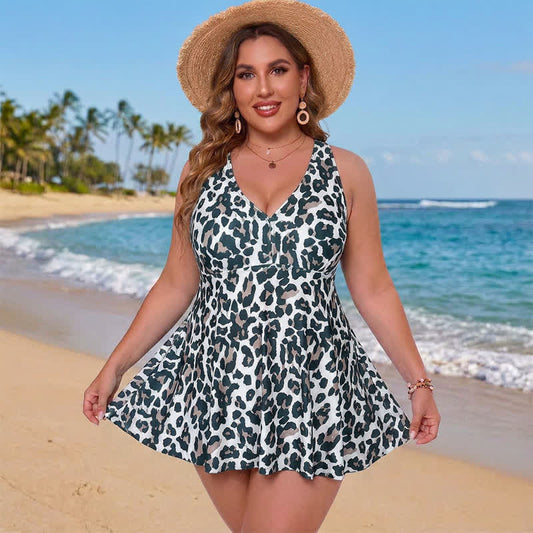 Robe de bain imprimée grande taille à bretelles anneaux - Noir - 5XL - image 0