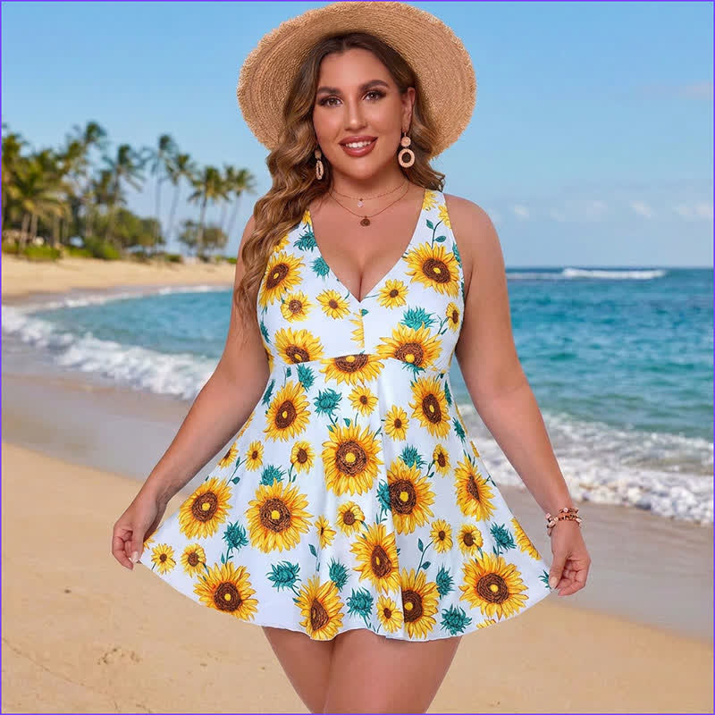 Robe de bain imprimée grande taille à bretelles anneaux - Jaune - 5XL - image 5