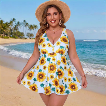 Robe de bain imprimée grande taille à bretelles anneaux - Jaune - 5XL - image 5