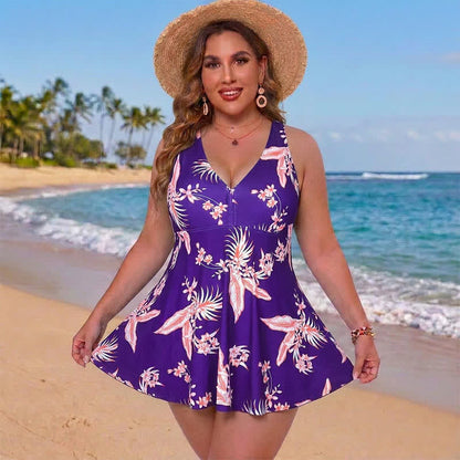 Robe de bain à col en V imprimée à pois fleuris - Bleu - 5XL - image 0
