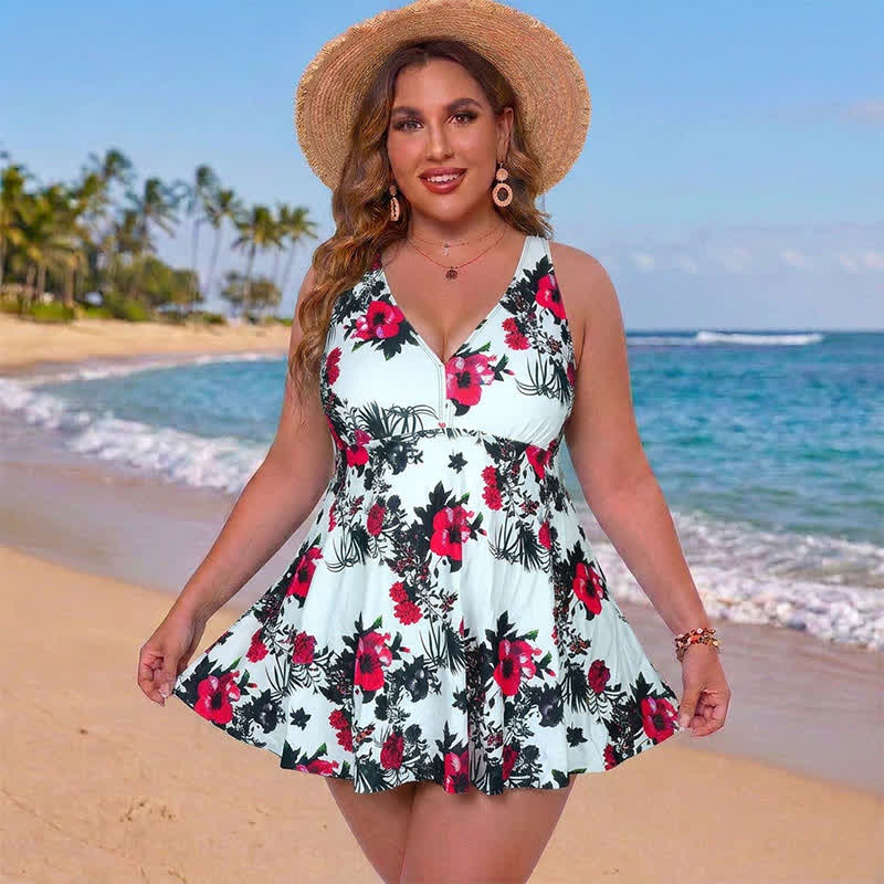 Robe de bain à col en V imprimée à pois fleuris - Blanc - 5XL - image 4