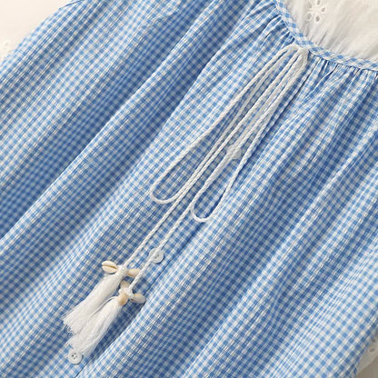 Chemisier à manches courtes bleu vichy à œillets grande taille - image 3