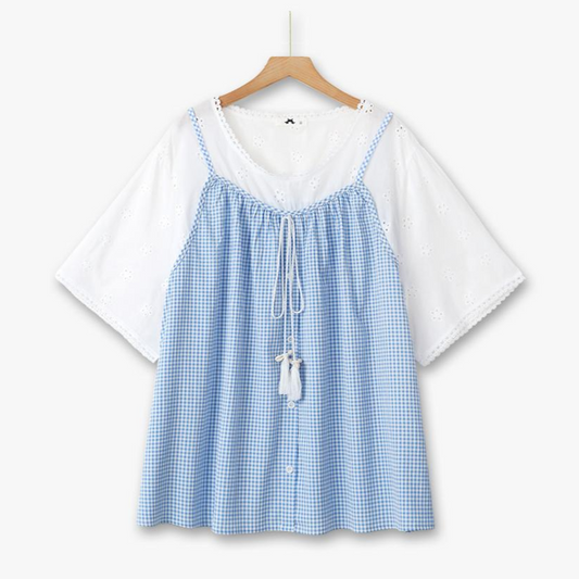 Chemisier à manches courtes bleu vichy à œillets grande taille - Bleu - 6XL - image 0