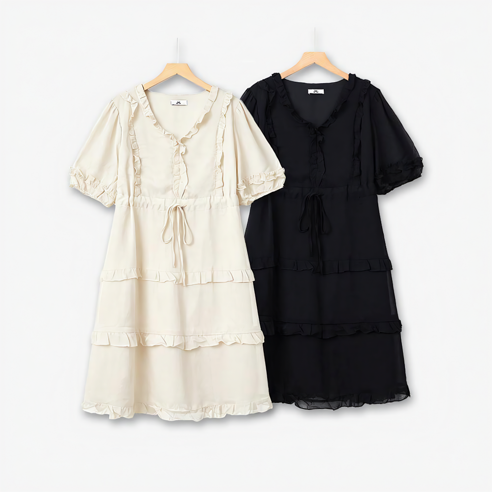 Robe midi élégante grande taille à col en V, volants et taille nouée - image 0