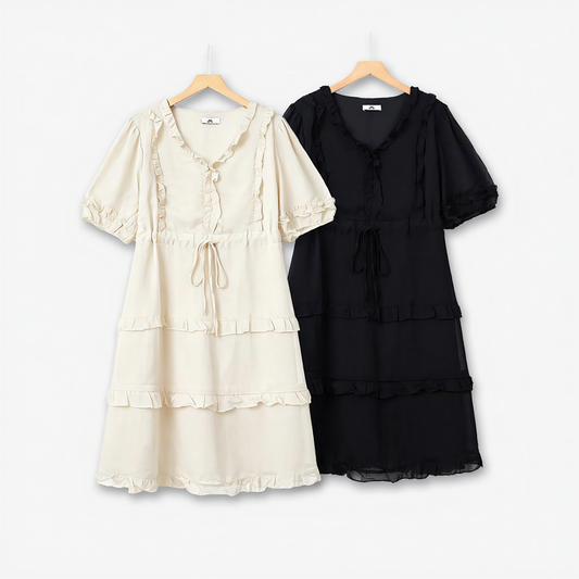 Robe midi élégante grande taille à col en V, volants et taille nouée - image 0