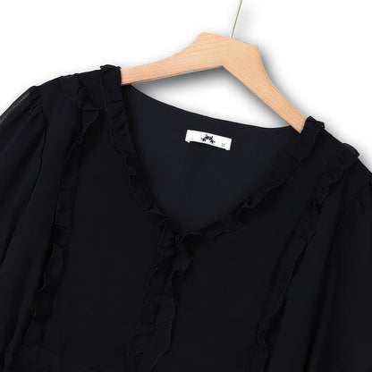 Robe midi élégante grande taille à col en V, volants et taille nouée - image 1