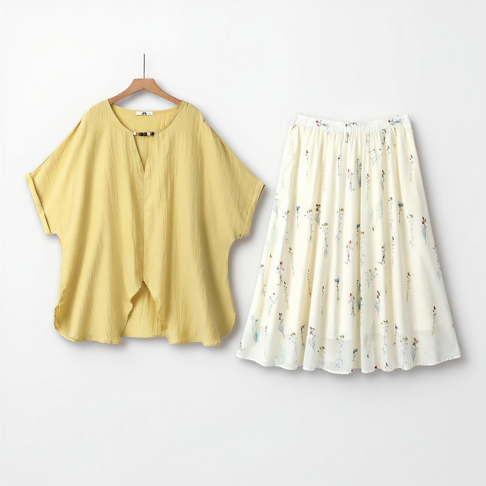 Ensemble deux pièces jaune ample composé d'un haut ample et d'une jupe fleurie assortie - Ensemble de 2 pièces - 6XL - image 0
