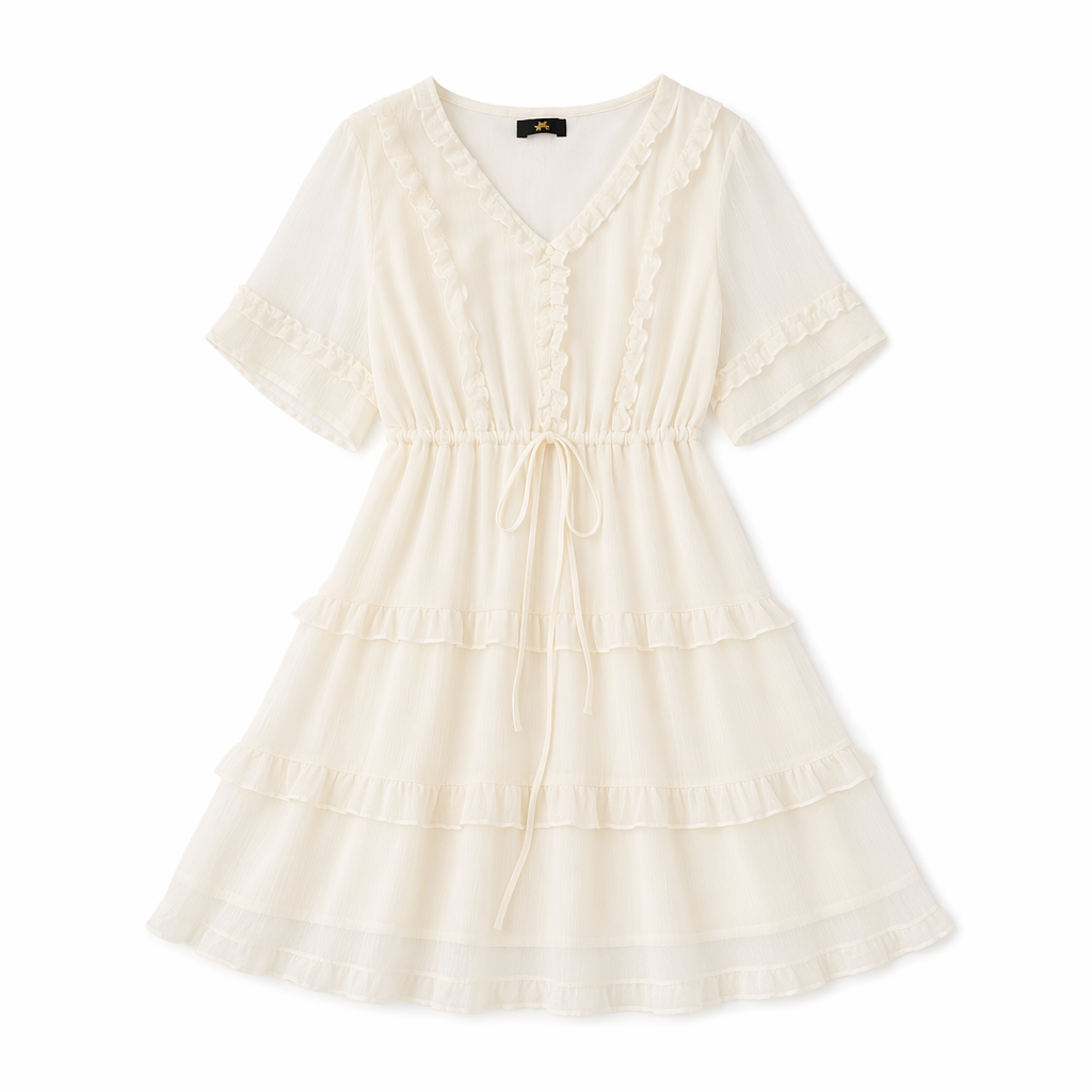 Robe midi élégante grande taille à col en V, volants et taille nouée - Beige - 7XL - image 7