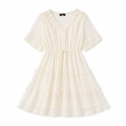 Robe midi élégante grande taille à col en V, volants et taille nouée - Beige - 7XL - image 7