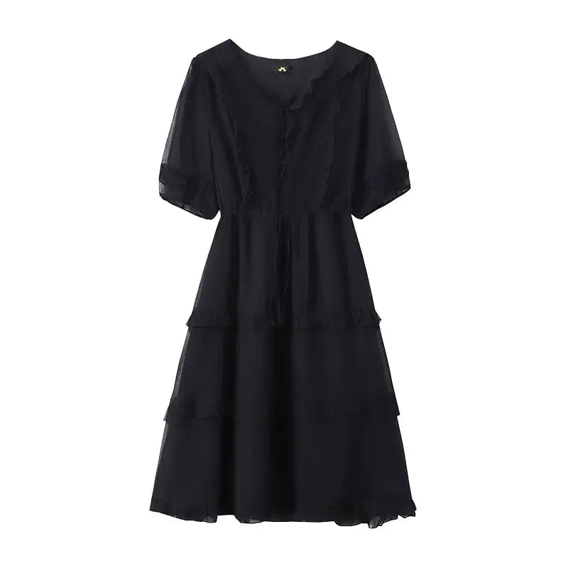 Robe midi élégante grande taille à col en V, volants et taille nouée - Noir - 7XL - image 8