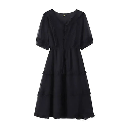 Robe midi élégante grande taille à col en V, volants et taille nouée - Noir - 7XL - image 8