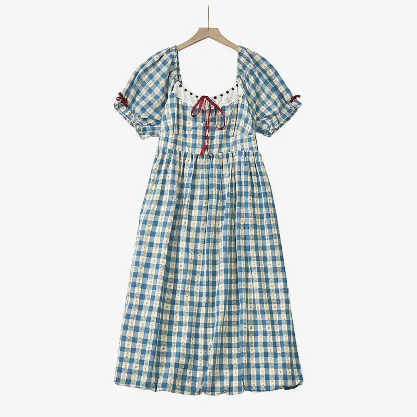 Robe midi grande taille à carreaux bleus vichy, col carré et manches bouffantes - Bleu - 6XL - image 0