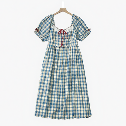 Robe midi grande taille à carreaux bleus vichy, col carré et manches bouffantes - Bleu - 6XL - image 0
