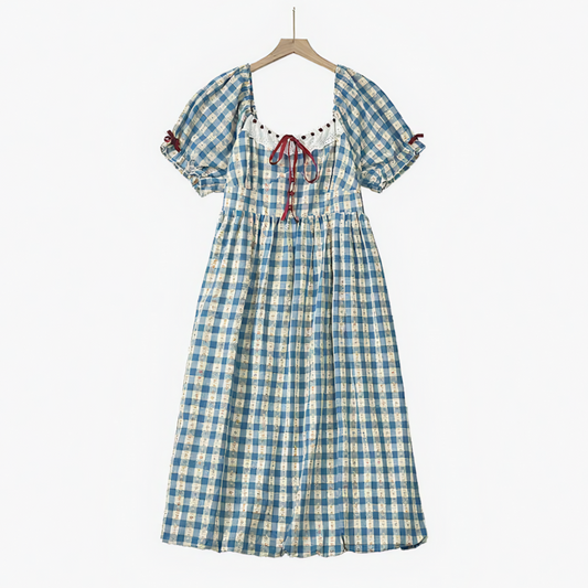 Robe midi grande taille à carreaux bleus vichy, col carré et manches bouffantes - Bleu - 6XL - image 0