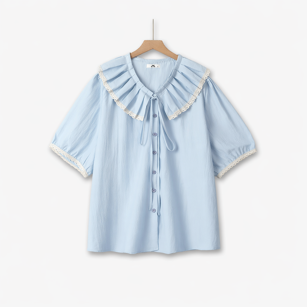 Chemisier grande taille à col volanté et bordure en dentelle - Bleu - 6XL - image 0