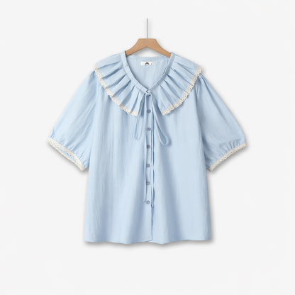 Chemisier grande taille à col volanté et bordure en dentelle - Bleu - 6XL - image 0