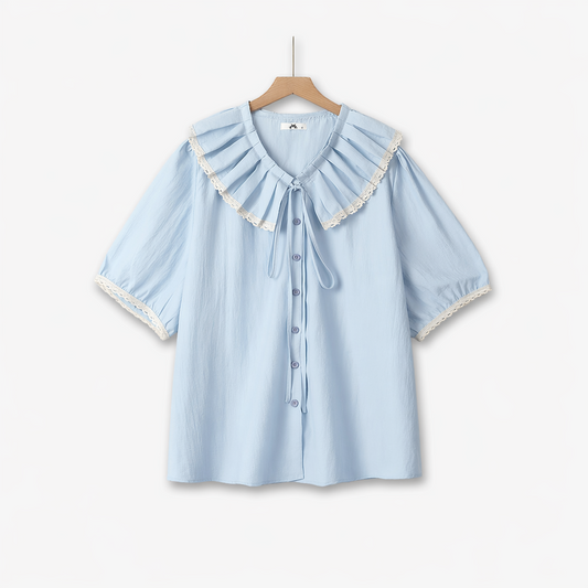 Chemisier grande taille à col volanté et bordure en dentelle - Bleu - 6XL - image 0