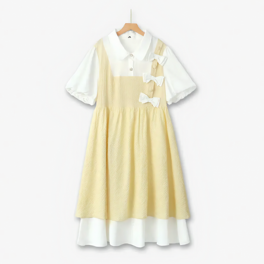 Robe midi deux-pièces à smocks et nœud papillon - Jaune - 6XL - image 0