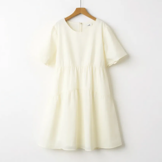 Robe midi à manches bouffantes en mélange Tencel texturé - Beige - 6XL - image 0