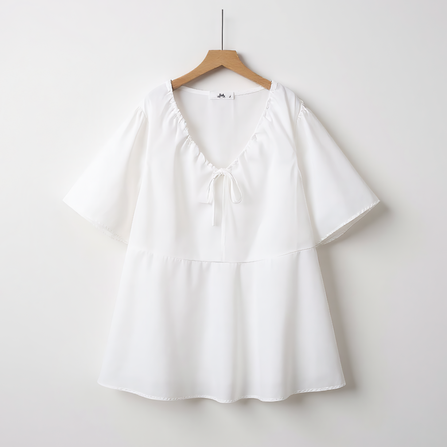 Blouse péplum à col V et col noué à volants grande taille - Blanc - 6XL - image 0