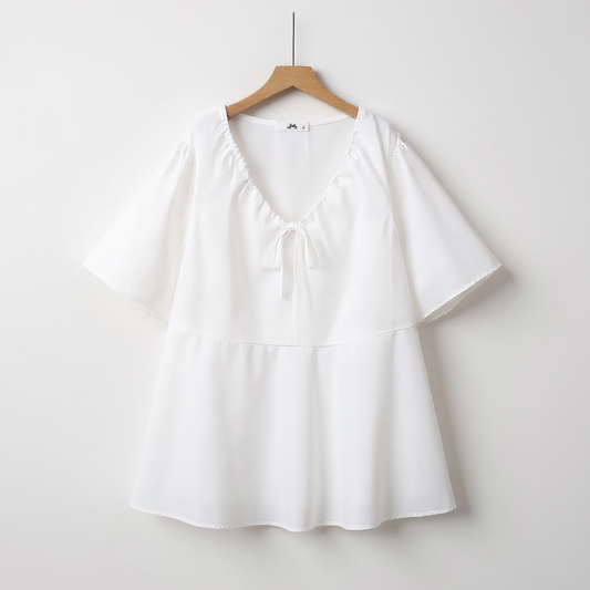 Blouse péplum à col V et col noué à volants grande taille - Blanc - 6XL - image 0