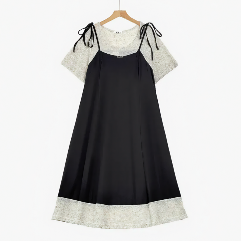 Robe midi à bretelles nouées et volants pour grandes tailles - Noir - 6XL - image 0