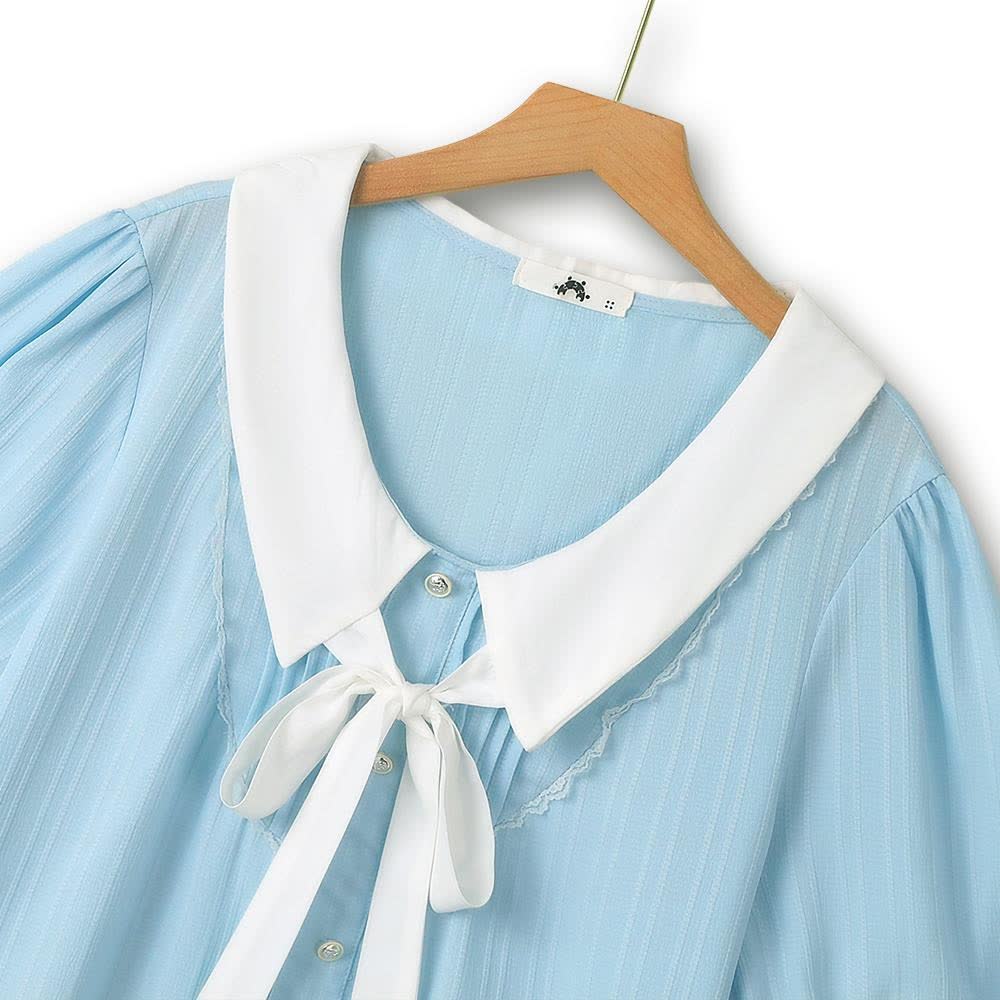 Robe grande taille bleue à col contrastant, nœud papillon et ourlet à volants - image 1