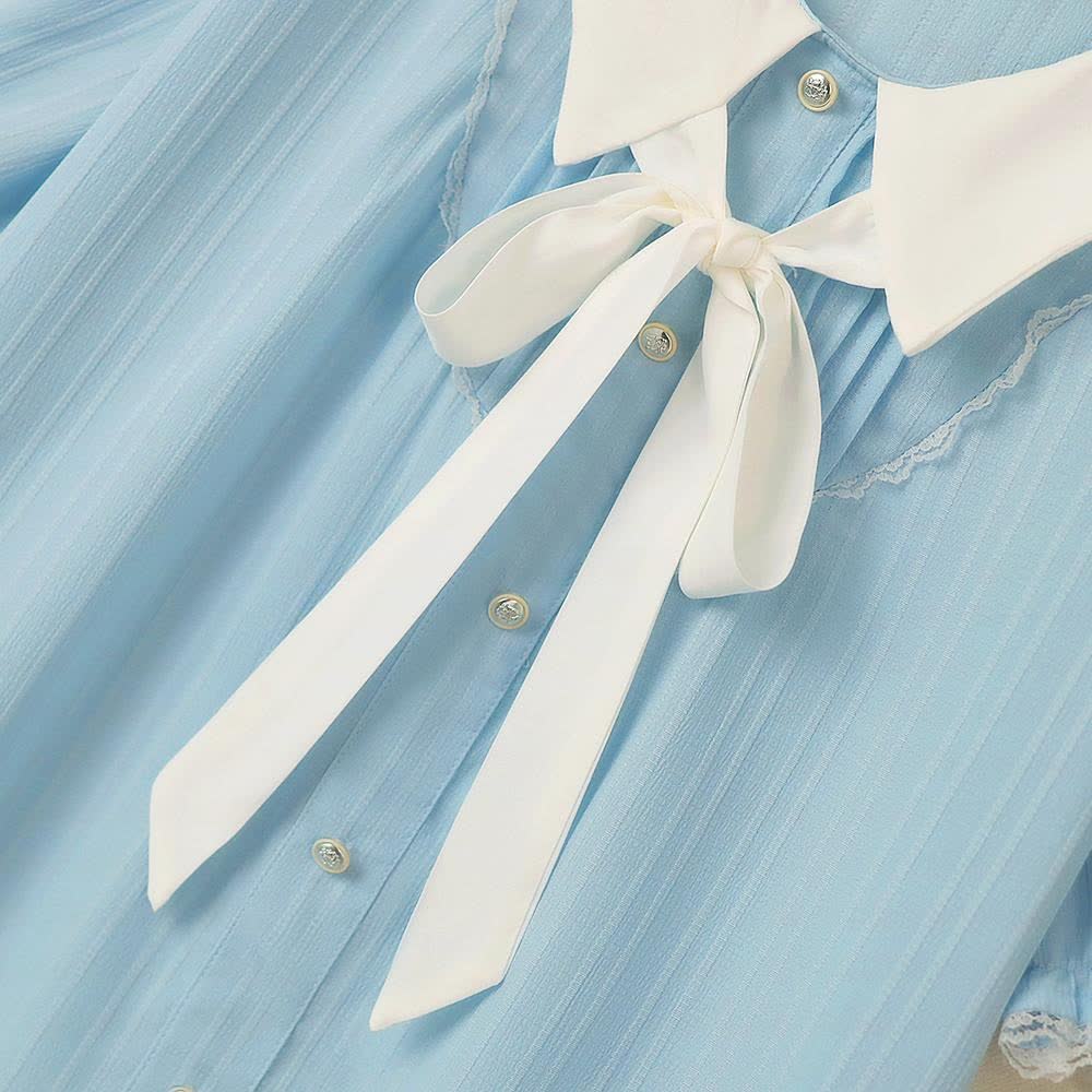 Robe grande taille bleue à col contrastant, nœud papillon et ourlet à volants - image 4
