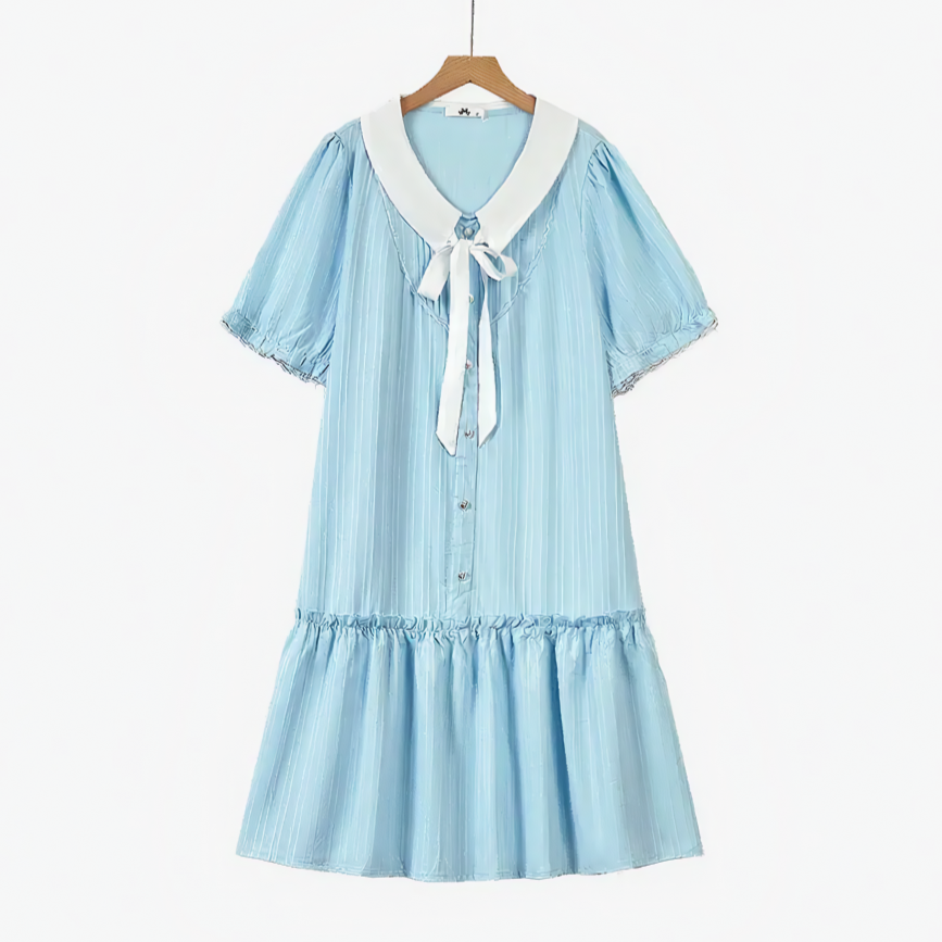 Robe grande taille bleue à col contrastant, nœud papillon et ourlet à volants - Bleu - 6XL - image 0