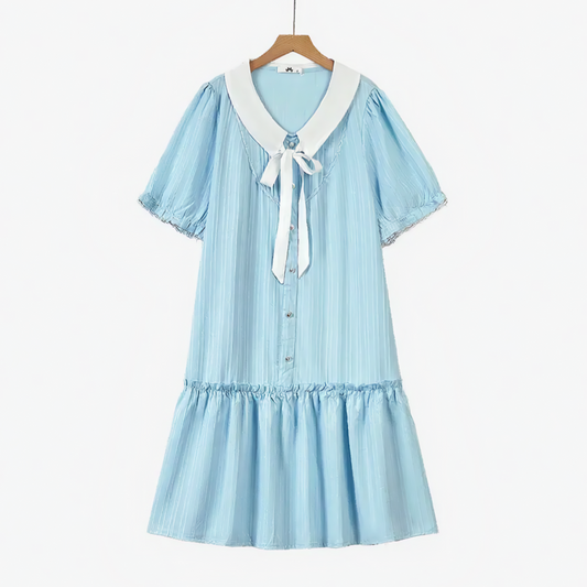Robe grande taille bleue à col contrastant, nœud papillon et ourlet à volants - Bleu - 6XL - image 0