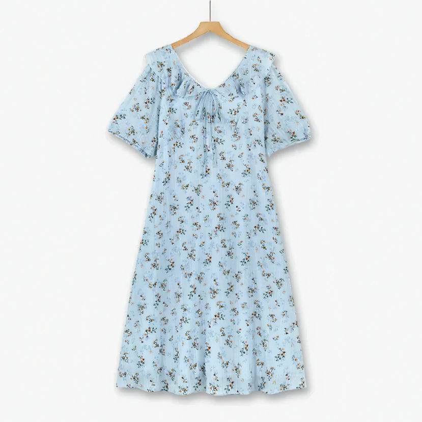 Robe midi à manches bouffantes bleues à fleurs grande taille - Bleu - 6XL - image 0