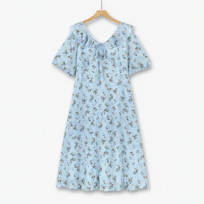 Robe midi à manches bouffantes bleues à fleurs grande taille - Bleu - 6XL - image 0