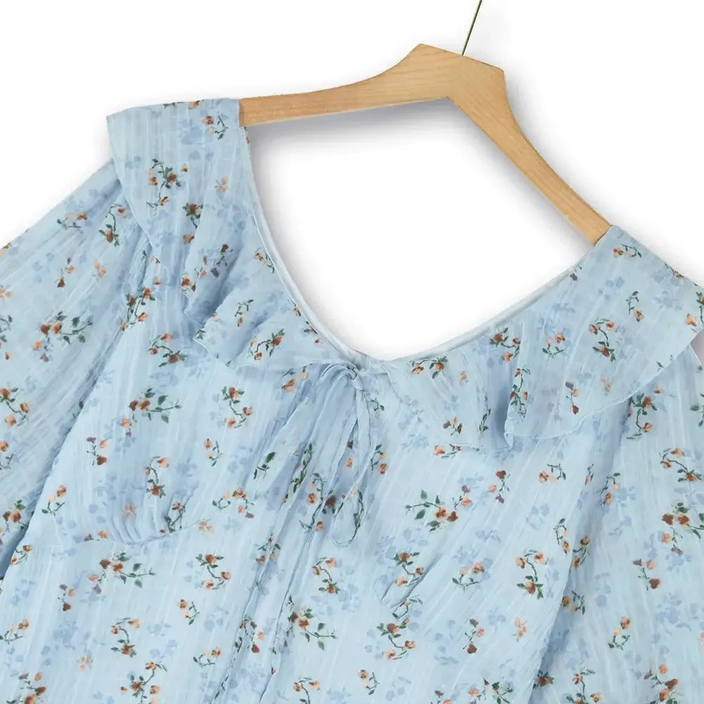 Robe midi à manches bouffantes bleues à fleurs grande taille - image 1