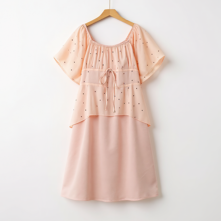 Robe en mousseline à pois rose poudré, à volants et taille nouée - Rose - 6XL - image 0