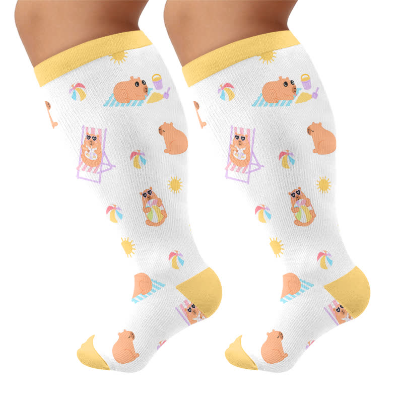 Chaussettes de compression grandes tailles à imprimé capybara et chien - Jaune (1 paire) - 4XL - image 8