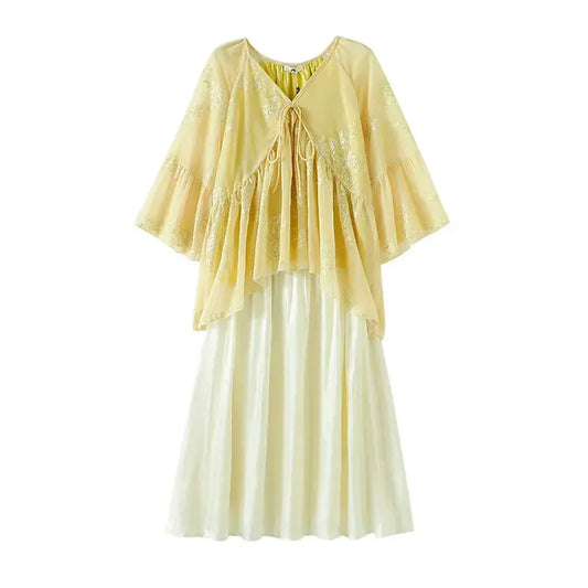 Ensemble jupe maxi et haut cape jaune à fleurs grande taille - Ensemble de 2 pièces - 6XL - image 0