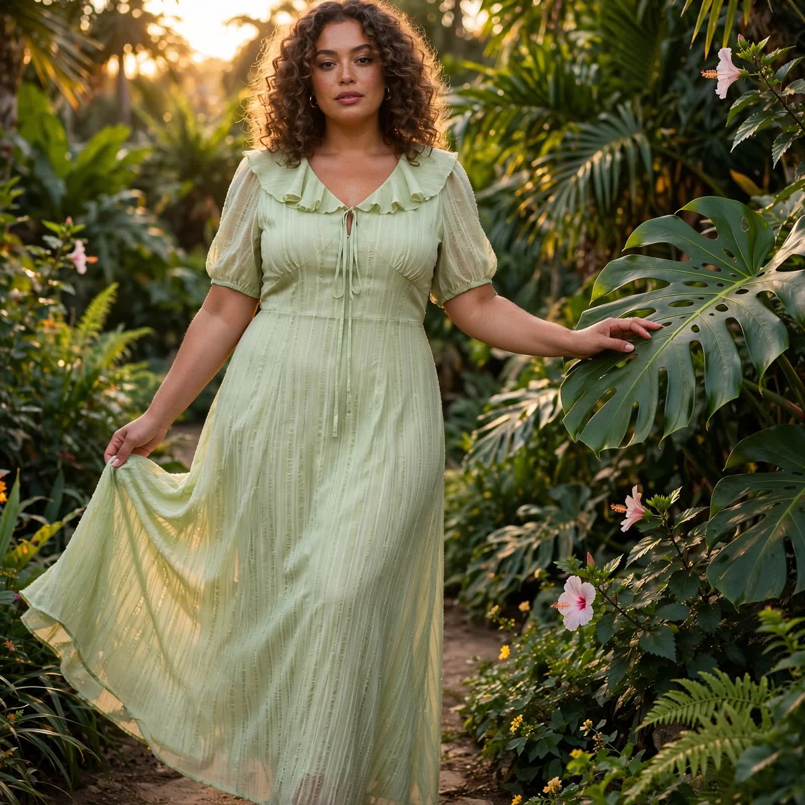 Robe maxi romantique à col volanté et manches bouffantes - Vert - 6XL - image 6