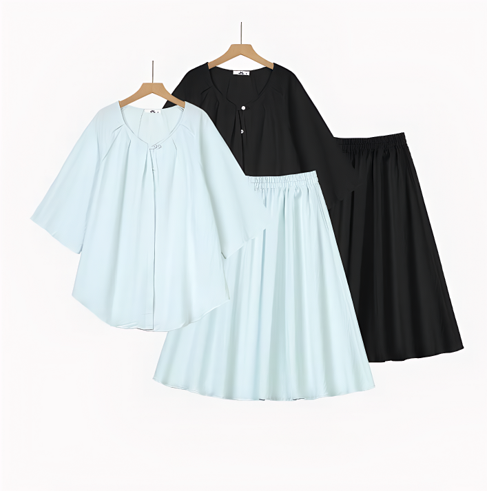Ensemble haut et jupe ample en coton et lin uni grande taille - image 0