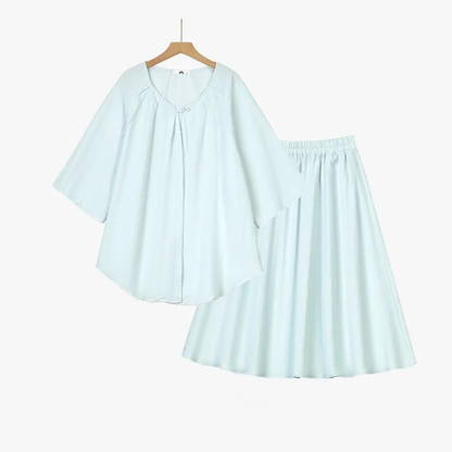 Ensemble jupe et haut ample en coton et lin uni grande taille avec poches - Ensemble de 2 pièces - Bleu - 6XL - image 0