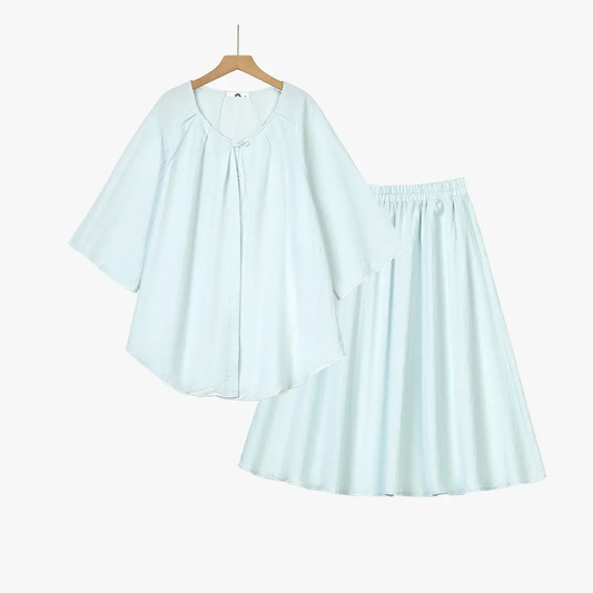 Ensemble jupe et haut ample en coton et lin uni grande taille avec poches - Ensemble de 2 pièces - Bleu - 6XL - image 0