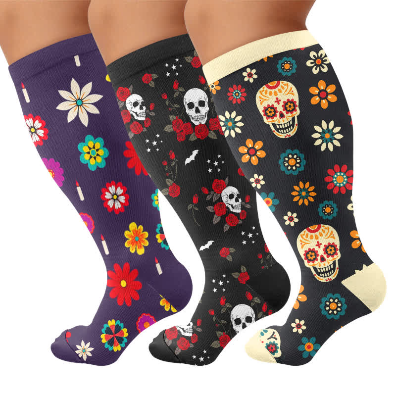 Chaussettes de compression grandes tailles Midnight Skull Floral - image 4