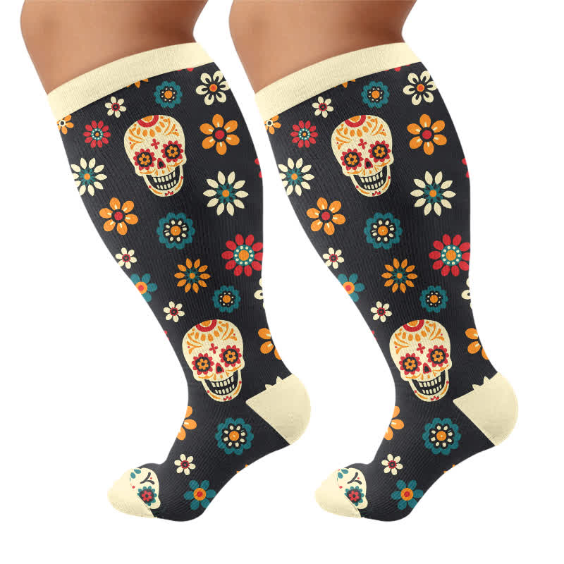 Chaussettes de compression grandes tailles Midnight Skull Floral - Vert foncé - 4XL - image 10