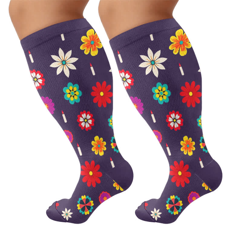Chaussettes de compression grandes tailles Midnight Skull Floral - Violet - 4XL - image 8