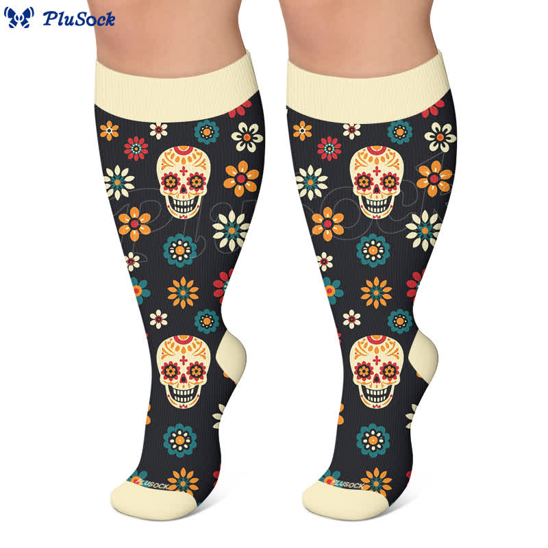 Chaussettes de compression grandes tailles Midnight Skull Floral - image 7