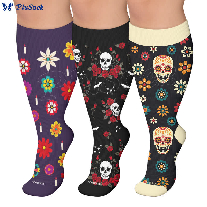 Chaussettes de compression grandes tailles Midnight Skull Floral - image 0