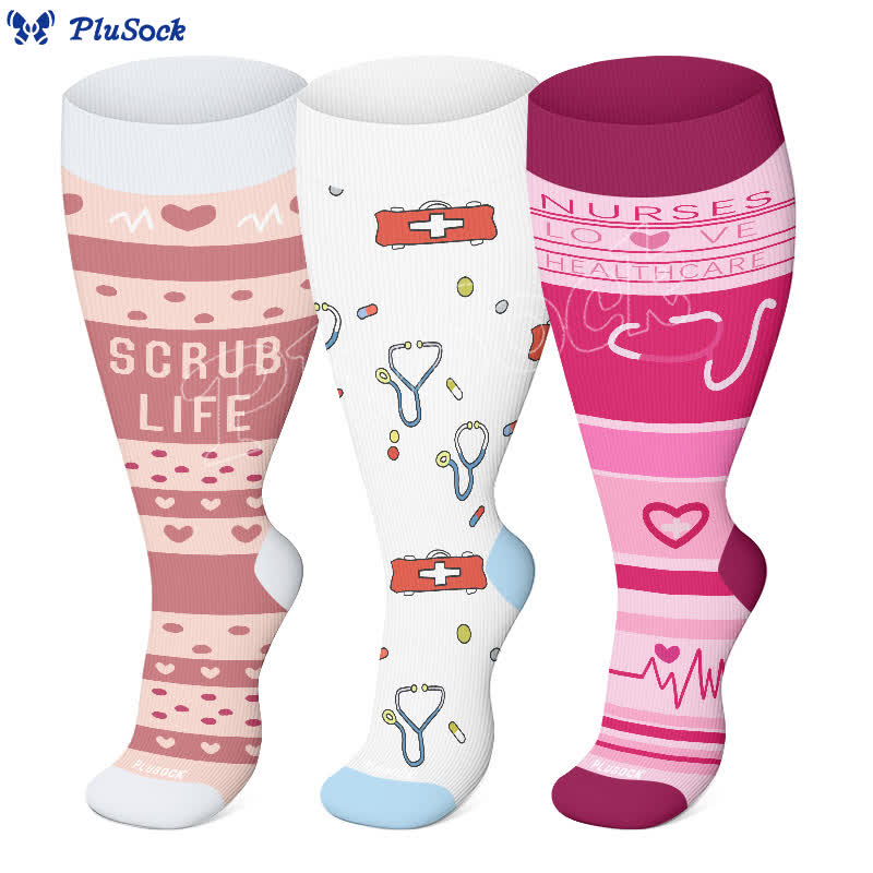 Chaussettes de compression imprimées pour infirmières grandes tailles (3 paires) - image 0