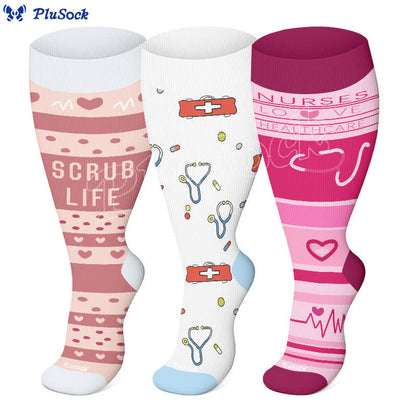 Chaussettes de compression imprimées pour infirmières grandes tailles (3 paires) - image 0